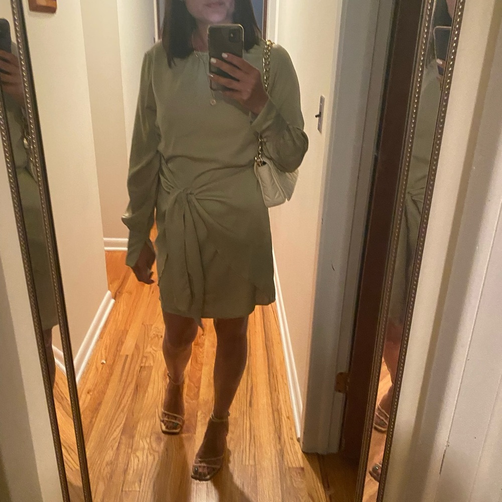Women's Fall Satin Dress Long Sleeve Tie Waist Cocktail Party Mini Dress